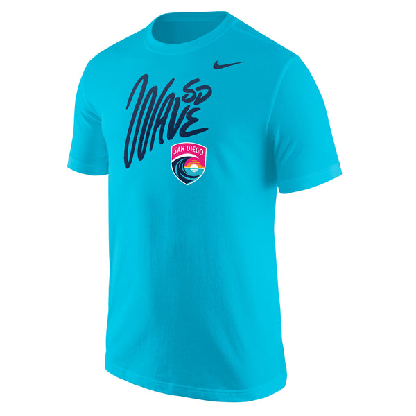 Men's Nike San Diego Wave FC Handwritten Wordmark and Crest Core Cotton Short Sleeve Tee