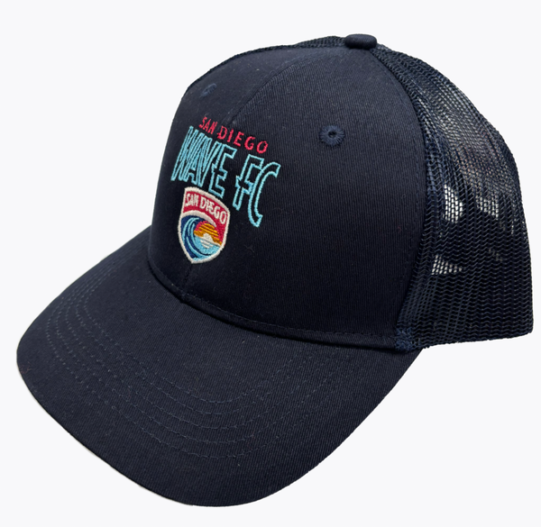San Diego Wave FC Arched Wordmark and Crest Youth Trucker Hat